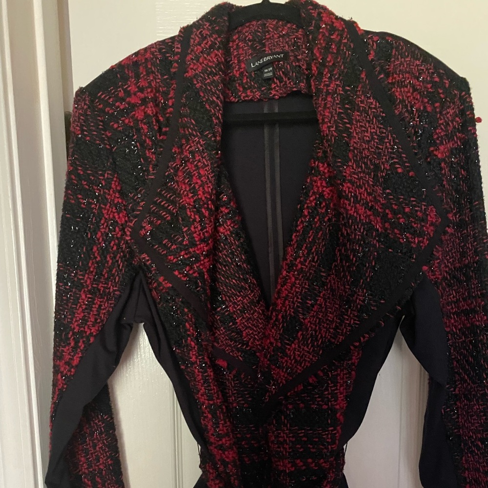 Lane Bryant red and black tie waist blazer.
